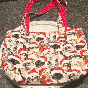 Quilted Cat Print Tote Bag in Red and Cream